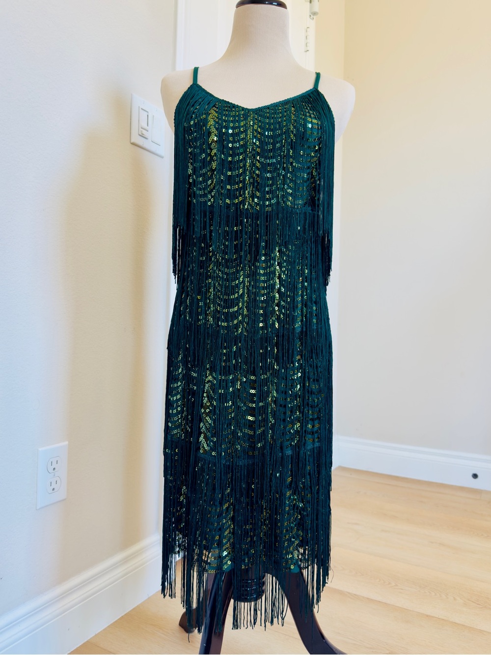 NWT PrettyGuide Green Fringe Sequin Sparkle Midi Dress Flapper 1920’s Size 2